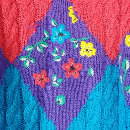 Vintage Chunky Grandma Checkered Floral Sweater