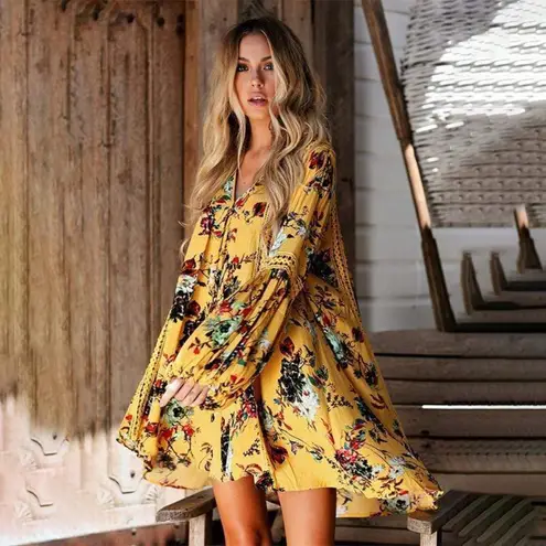 Womens Floral Boho Crochet Accent Lantern Sleeve Dress sz small Yellow
