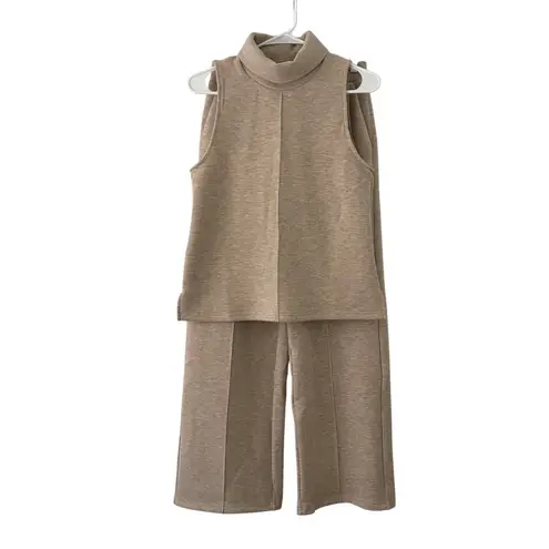 OGL Two Piece Sleeveless Turtleneck High Waist Straight Leg Pants S Small New Tan - Image 2