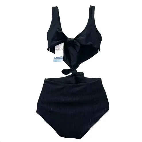 NWT Raising Wild The Claire Onyx Black Ribbed One Piece Cutout Swimsuit Size XS