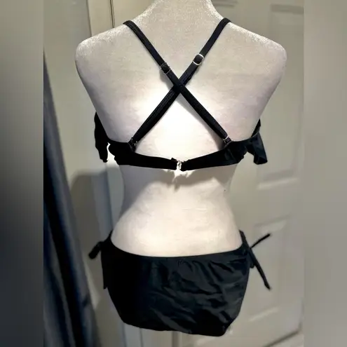 Tempt Me NWT 2 - Piece Black Bikini Side Tie Bottoms Ruffled Top Cross Back Lrg