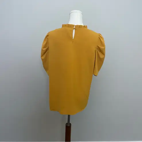 Savanna Jane Top Puff Short Sleeves High Neck Ruffle Work Career Mustard Yellow Size L