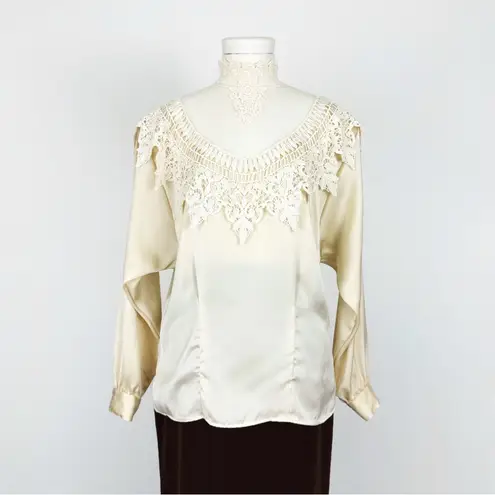 Vintage 90’s Sheer Satin Blouse with Lace in Cream | Size M Size M