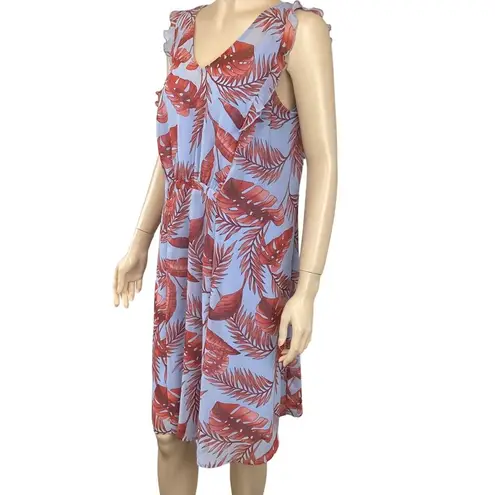 CAbi  Tropical Print Dress V-Neck Sleeveless Ruffle Trim Size Small Blue & Red