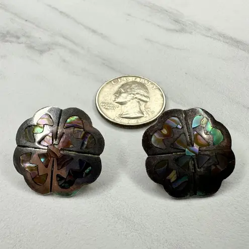 Vintage Alpaca Mexico Sterling Silver 925 MR Abalone Flower Earrings ✨