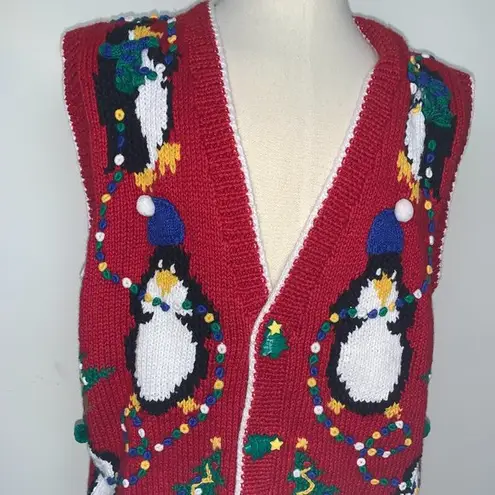 Excellent Village Peddler Christmas Penguins Embroidered Sweater Size XL Red