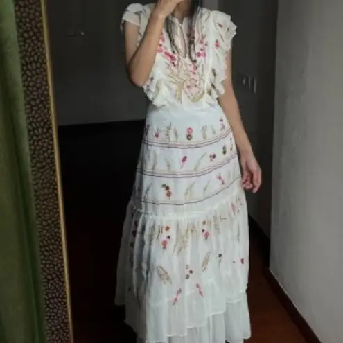 NWT Aratta Silent Journey White Embroidered Flower Chiffon Maxi Dress XS A