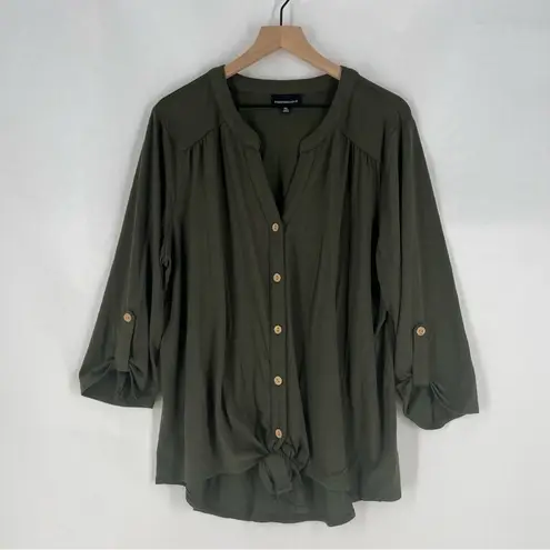 Fortune + Ivy Green Stretch Jersey Knit Button Tie Front 3/4 Sleeve Top Size XXL