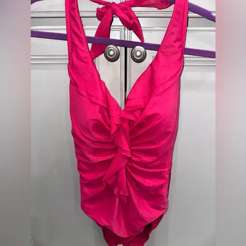 MiracleSuit  Isabelle Pink Ruffle front halter one piece swimsuit size 14