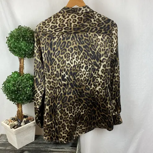 W By Worth Worth Silk Black & Brown Leopard Animal Print Long Sleeve Button Up Blouse Top M