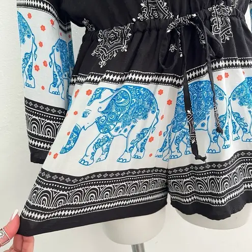 Bohemian Elephant Romper jumpsuit Medium Long bell Sleeve NWT Black