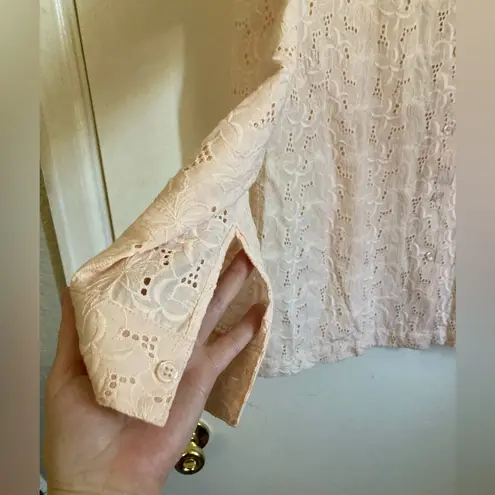 🌞WinterSilks Light Peach Silk Blend Eyelet Button Up Long Sleeve Blouse #O Orange Size L