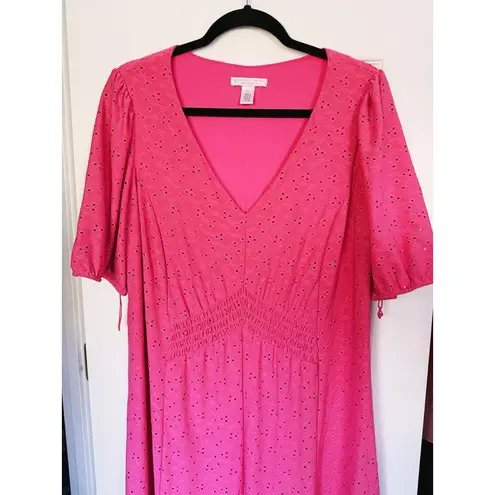 London Times Pink V-Neck Fit & Flare Dress Flowy Smocked Waist 1X Coquette Date