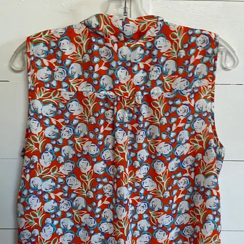 Pleione Retro Floral Tie‑Neck Sleeveless Blouse tank Orange Blue - M EUC
