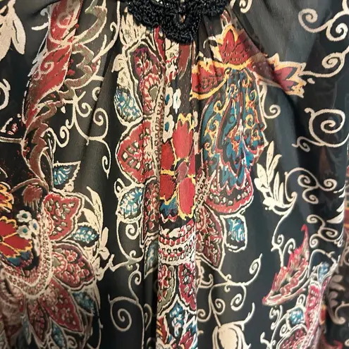 Bandolino Crochet SZ 14 Top Black Flower Tunic Boho Y2K Long Sleeve Pleated