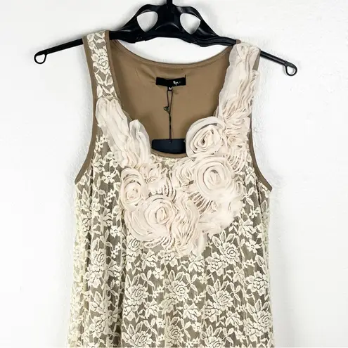 Ryu Brown Cream Crochet Tiered Lace Floral Sleeveless Lined Dress, Size Medium