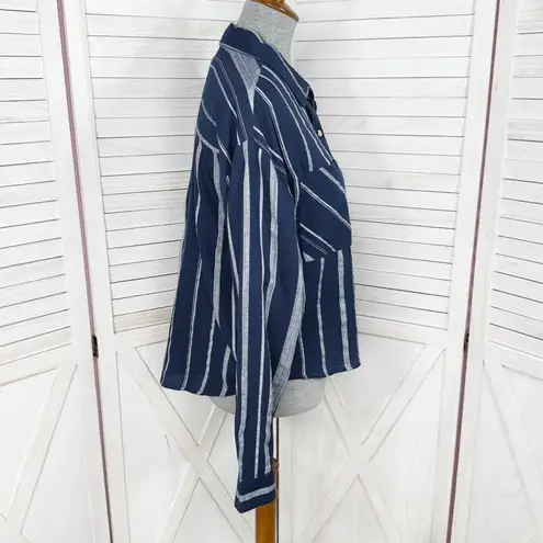 Sandy & Sid Striped Long Sleeve Button Up Crop Shirt Blue White Large