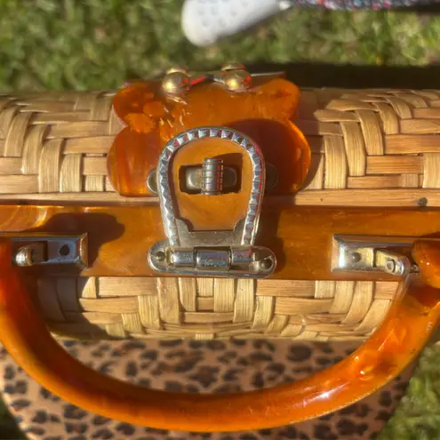 Vintage Woven Purse Bag Amber Lucite and Gold Tone Made in British Hong Kong