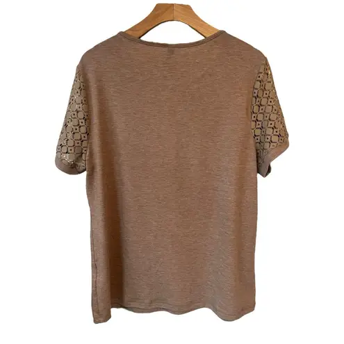 Sunbs Blouse Womens Size Large Beige Short Sleeve Lace Detail Round Neck NWT Brown