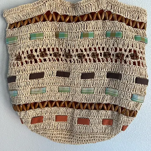 Vintage Capelli Straw Tote Bag Fish Beachy Coastal Ocean Vacation Boho Knit Tan