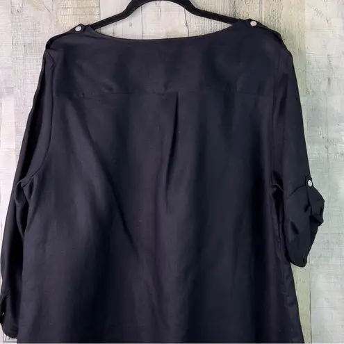 Go Silk Shirt 1X 100% Linen Button Front 3/4 Tabbed Sleeves Button Cuff PocketS Black - Image 3