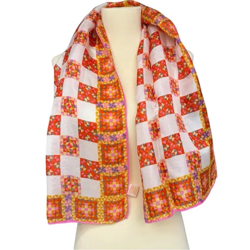 Vintage Geometric Patchwork Print Oblong Scarf 15”x42” Glentex Mod 60s Silk Red