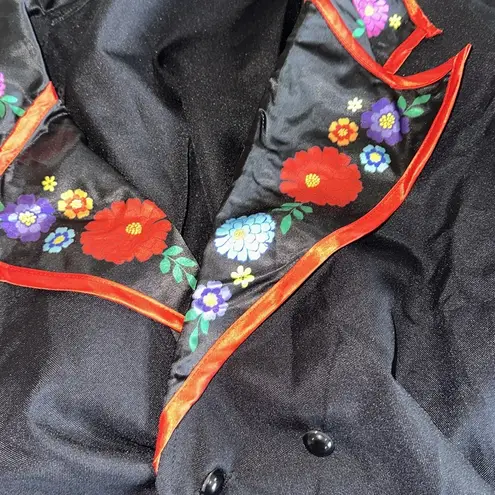 NWOT Asymptomatic Lightweight Shoulder Pad Tunic Top / Jacket Satin Floral Trim Black Size XL