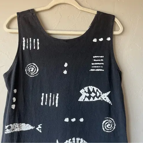 Cotton Fields Mac Black Fish Stencil Print Maxi Sleeveless Dress lagenlook Art Size L