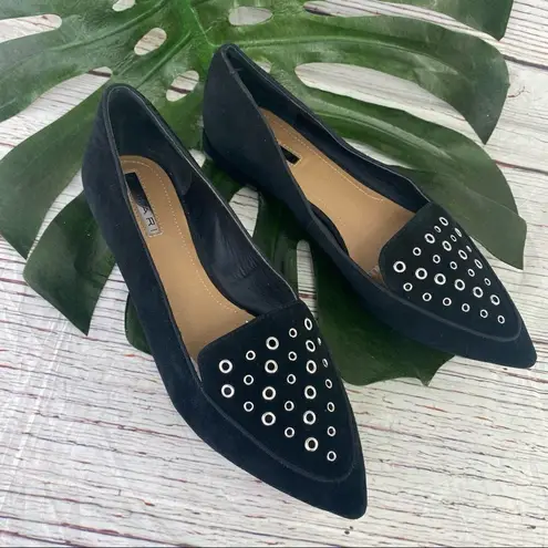 Tahari Flats Esther Suede Grommet Detail Pointed Toe Black 7.5