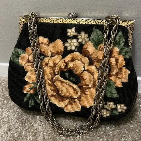 Vintage Tapestry Floral Needlepoint Handbag Convertible Chain Strap Black