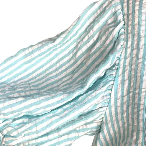 &merci &merci Aqua White Striped Seersucker Tiered Mini Dress S Half Button Puff Sleeve