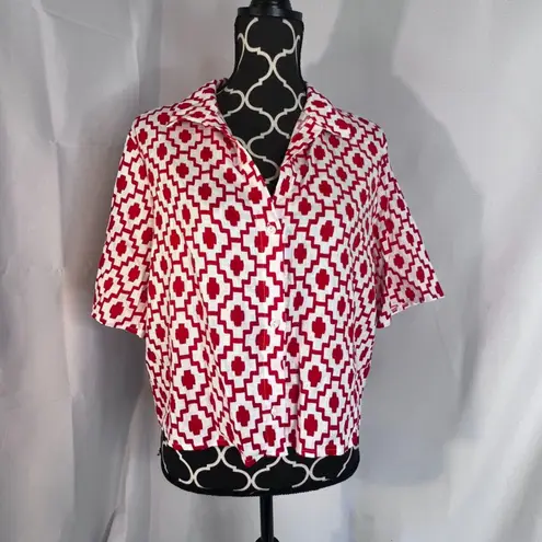 Shade & Shore  NWT Red White Geometric Print Linen Blend Button Up Top Size Small
