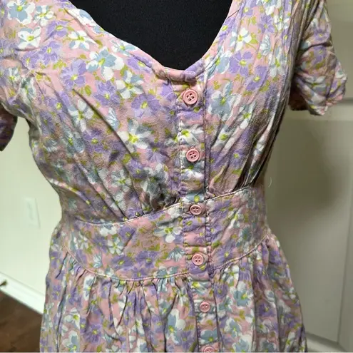 Hesperus Pink and Purple Floral Short Sleeve V-Neck Mini Sundress