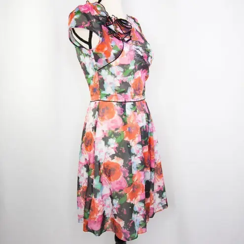 Vintage Flower decor asymmetric neck, Floral print pleated dress Red Size XXS