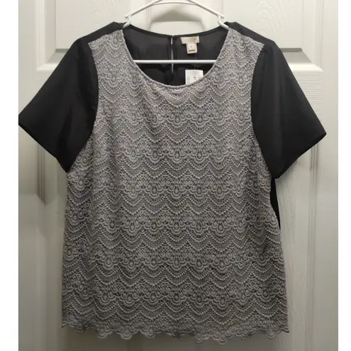 NWT J. CREW Size Medium Top Gray Black Lace Front Scallop Hem Keyhole Back Shirt