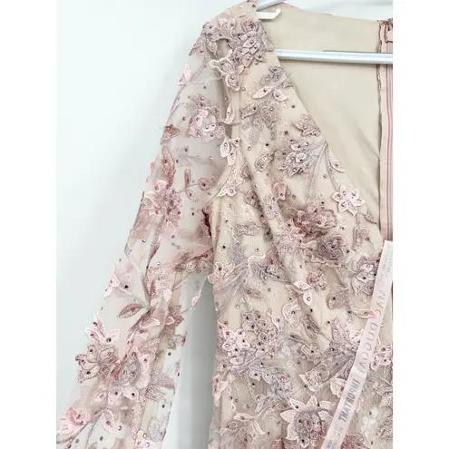 Mac Duggal 70224 Rose Pink Floral Applique Long Sleeve Illusion Gown Size 8 NWT