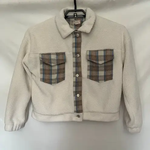 Hem & Thread Hem Thread Sherpa Flannel Crop Womens Shacket Sz S Preppy Y2K Cottage Snap Cozy