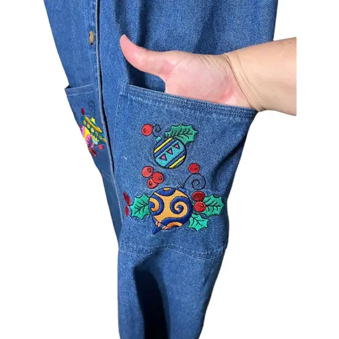 Westbound Vintage Christmas Denim Maxi Dress Button Front Embroidered L