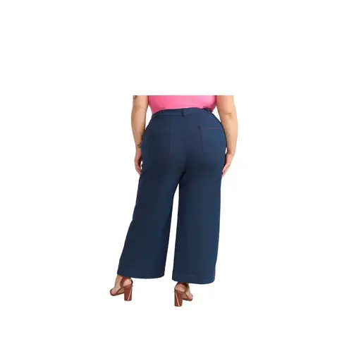 NY&C Wide Leg Cropped Pants High Waist Contrast Stitching Blue Plus Size 24W