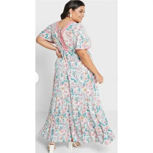Aveology Maxi Dress Size 30/32W Pink Floral Crochet Lace Crinkle Fabric Boho