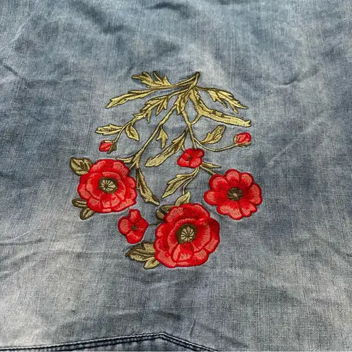 En Crème Denim Tunic Top Women’s Small Embroidered Floral Chambray Shirt Boho Blue Size L