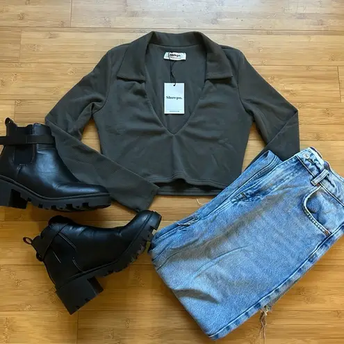 Showpo  JELENA TOP - COLLARED DEEP V LONG SLEEVE CROP TOP IN DARK OLIVE