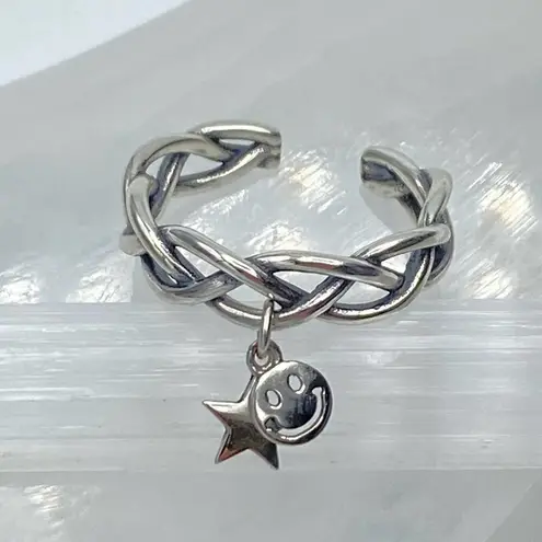 Star and Smile Face Dangle Sterling Silver Retro Ring Adjustable Silver