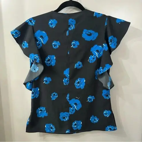 Derek Lam  10 Crosby Blouse Black and Blue Floral Print Ruffle Sleeve Size 0