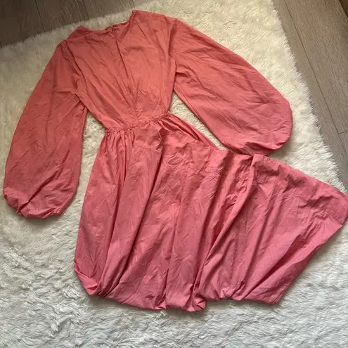 STAUD Dress Tangier Ruched Cutout Maxi Balloon Sleeves Pockets Coral XS