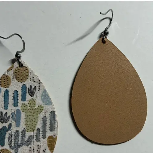 Handmade Cork on Genuine Leather Cactus Southwest Teardrop Earrings 2" New
