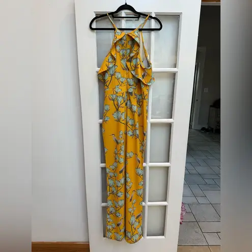 Anthropologie Varun Bahl Jumpsuit Size 10 Yellow Crane Bird Floral Ruffle Halter