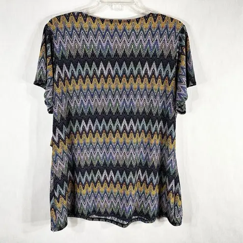 Dress Barn  Plus Size 1X Top Chevron Purple Blue Drape Neck Short Sleeve 1058