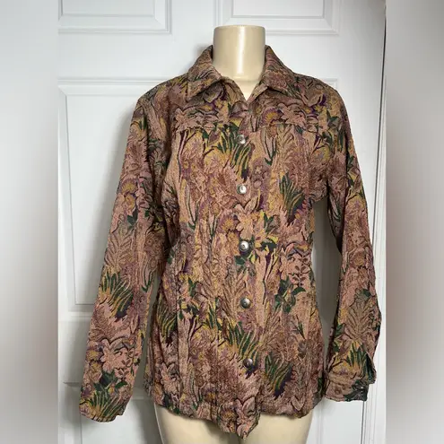 Tudor Court by Haband Vintage Woven Tapestry Floral Brocade Button Up Jacket Brown Size L