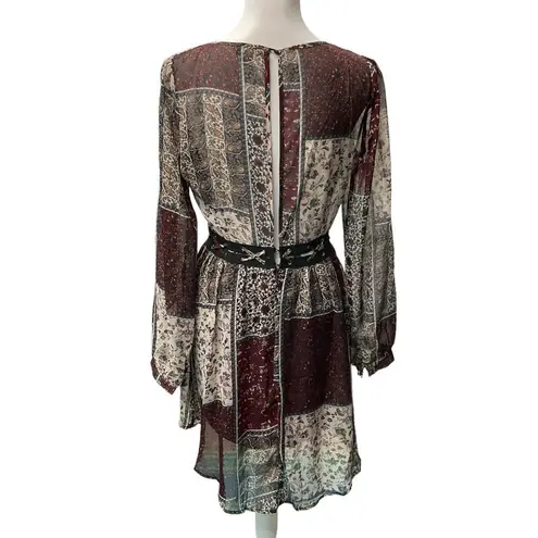 Hommage Women's Patchwork Long Sleeve Mini Dress Size Medium Red Black Tan